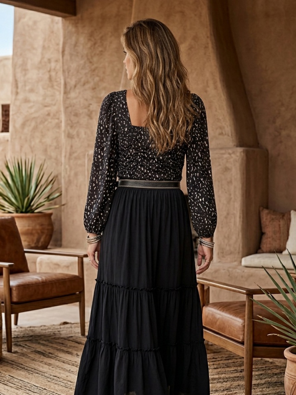 Eclair Black Abstract Print Square Neck Ruched Front Long Sleeve Blouse - Picture 2 of 5